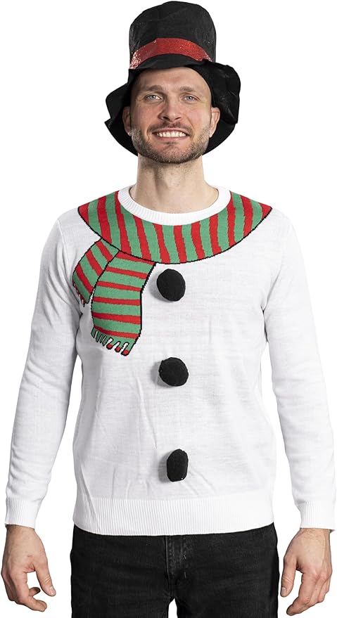 I Am the Snowman Knitted Unisex Ugly Christmas Sweater Top Hat Costume Set