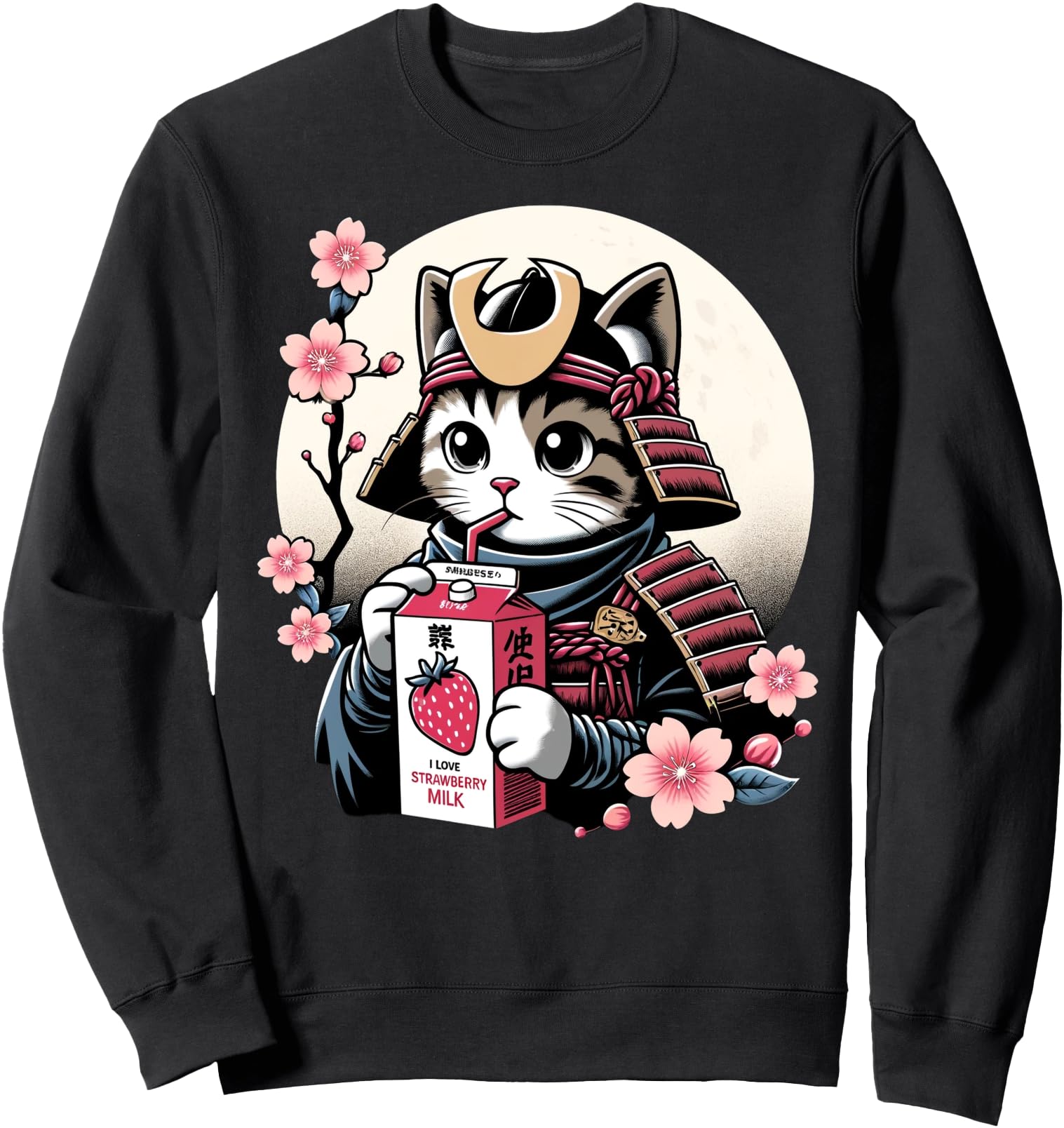 I Love Strawberry Milk Samurai Cat Anime Design japanese Sweatshirt