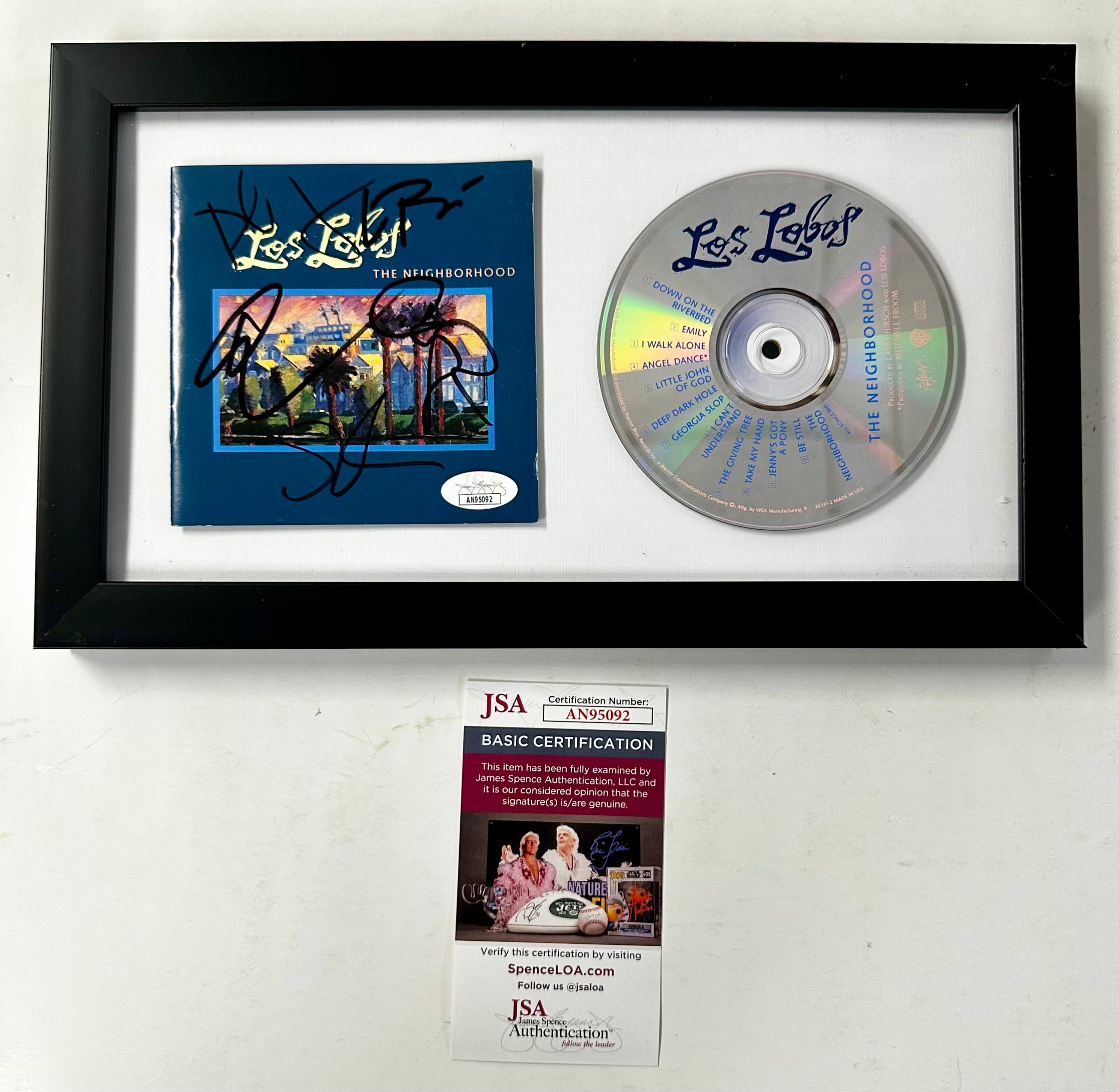 David, Caesar, Conrad, Louie & Steve Complete Signed Los Lobos The Neighborhood CD Framed With JSA COA