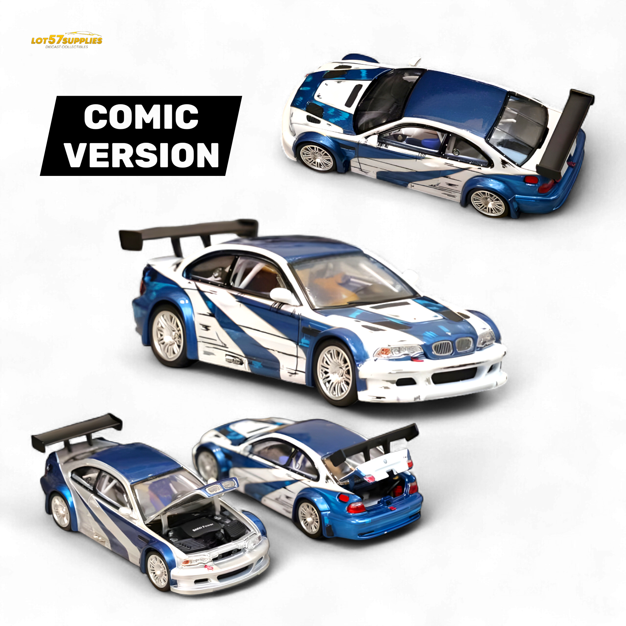 (Pre-Order) Ghost Player BMW E46 M3 GTR - White Blue Comic NFS Livery 1:64