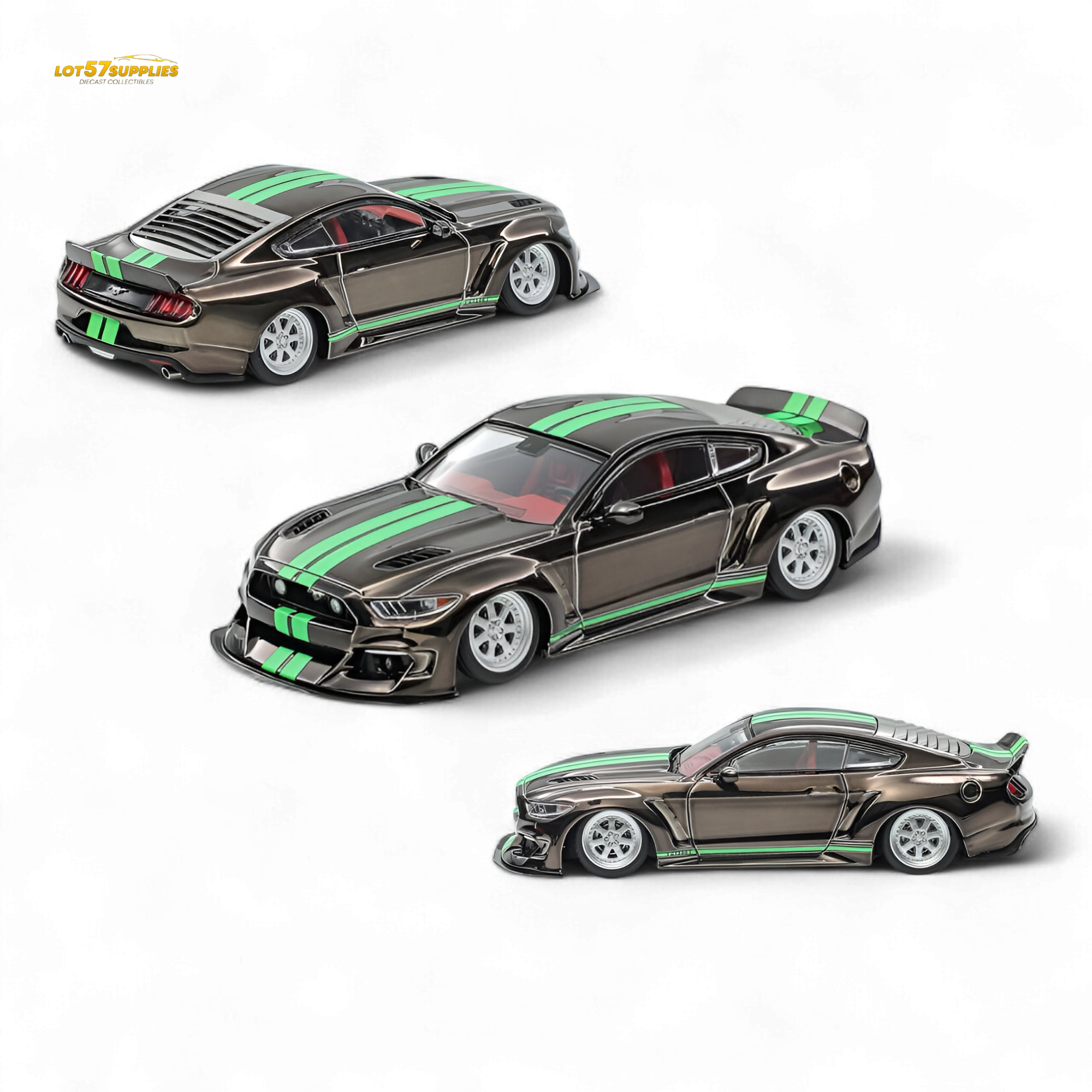 (Pre-Order) Liberty 64 Mustang Lowered Widebody Kit - Chrome Gun Grey + Fluorescent Green Stripes 1:64