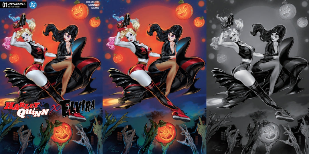 HARLEY QUINN X ELVIRA #1 SSCO ELIAS CHATZOUDIS HOMAGE SET OF 3 2025