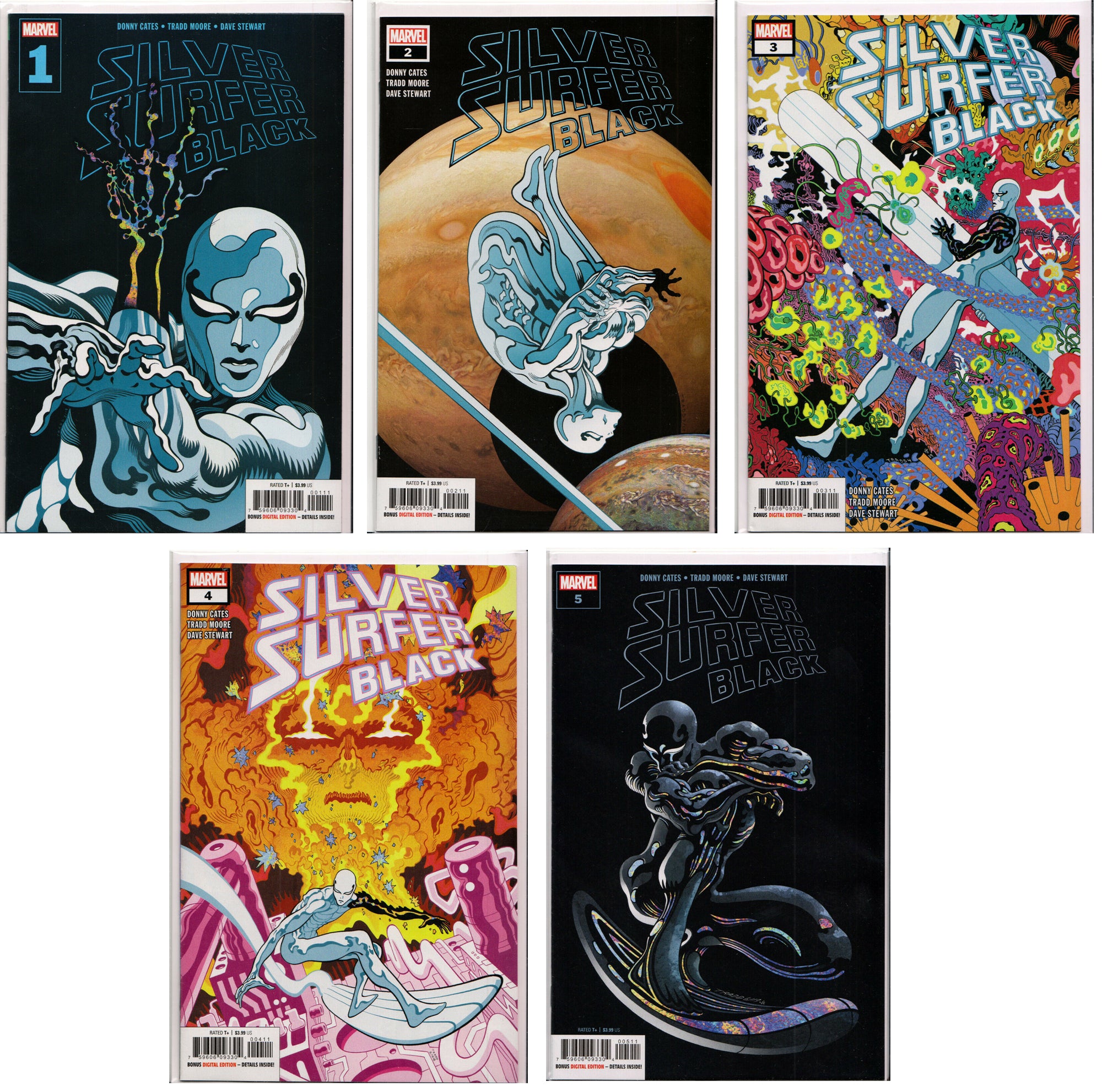 SILVER SURFER BLACK #1,2,3,4,5 (1ST PRINTS)(TRADD MOORE VARIANTS) COMIC BOOK SET ~ Marvel Comics